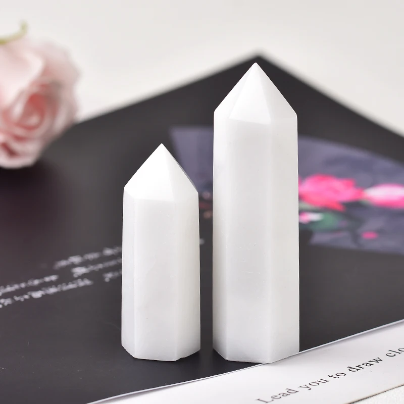 Natural Stone Crystal Point White Marble Healing Obelisk Quartz Wand Tower Ornament for Home Decor Energy Stone Pyramid