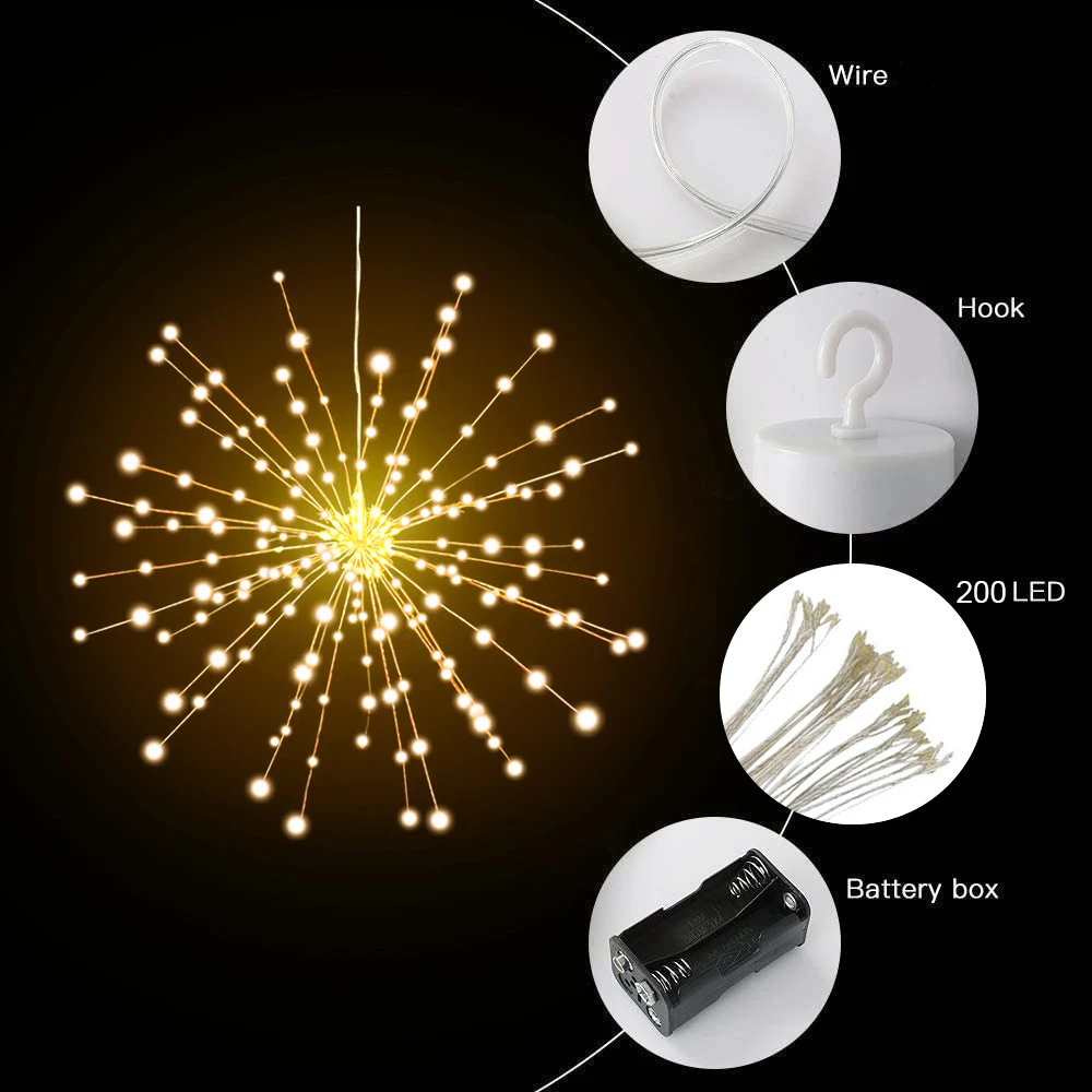 8 modalità fuochi d'artificio luci a LED Starburst String Lights luci a fata a batteria luci a sospensione Decorative natalizie per matrimoni