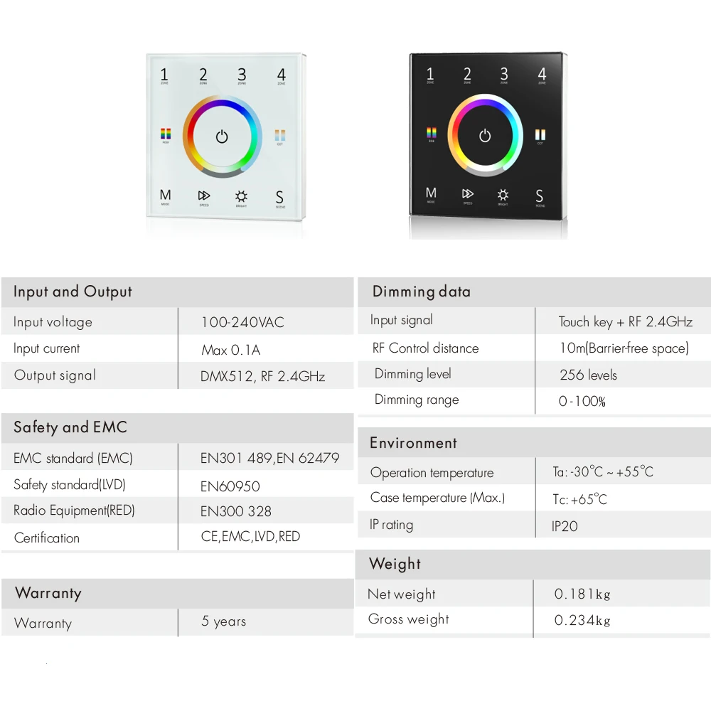 WiFi RGB+CCT Led Controller DC12V 24V RGB+C+W Strip Dimmable Wall Mounted Touch Panel Control Tuya APP Echo Plus Voice Control