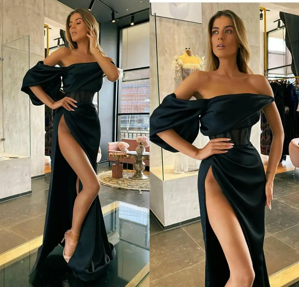 Black Mermaid Prom Dresses Sexy High Side Split Off Shoulder Evening Gowns Party Red Carpet Formal Wear Ogstuff robes de soirée