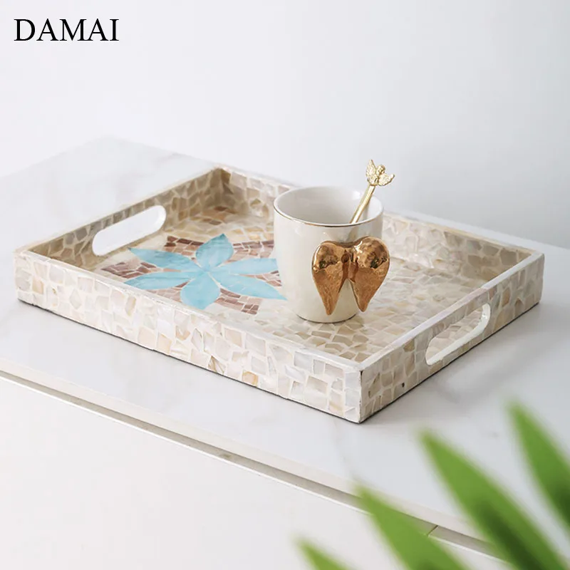 Hand Painted Wood Trays Decorative Natural Color Shell Rectangle Tea Set Storage Tray Kitchen Tableware Living Room Decoration