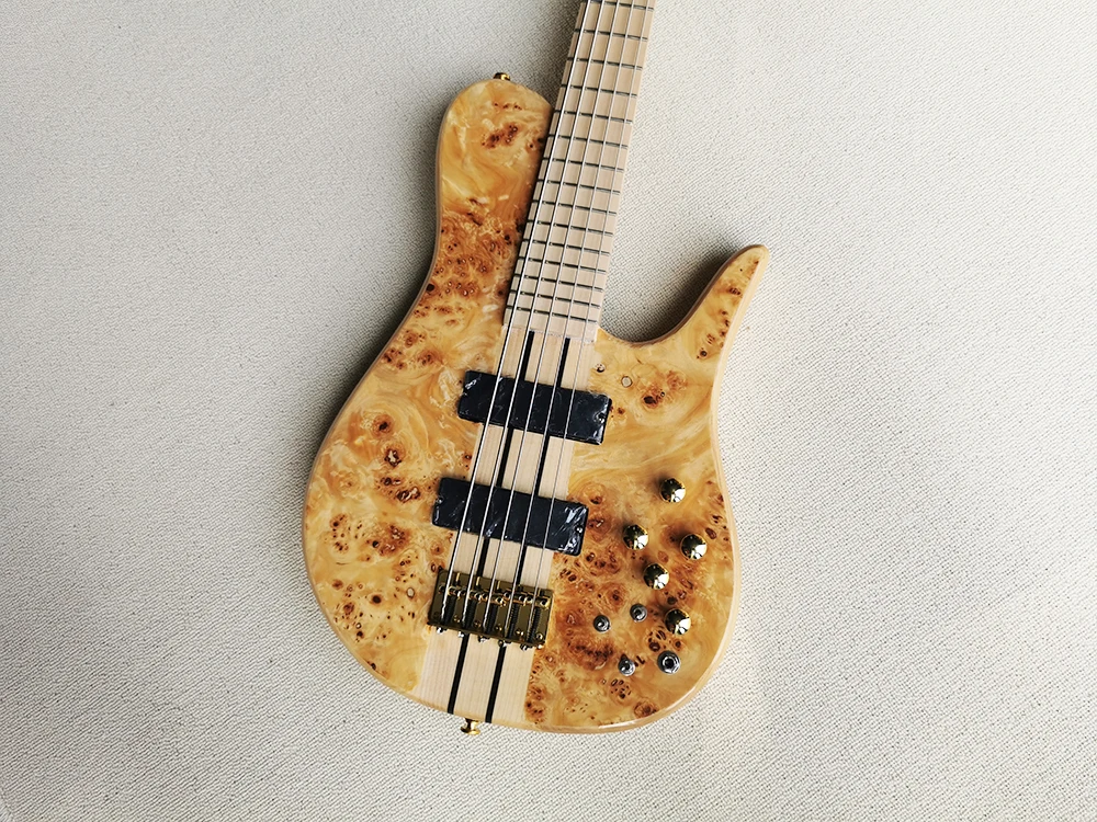 5 Strings Natural Wood Color Neck-thru-body Electric Bass Guitar with Bark Grain Veneer,Maple fretboard