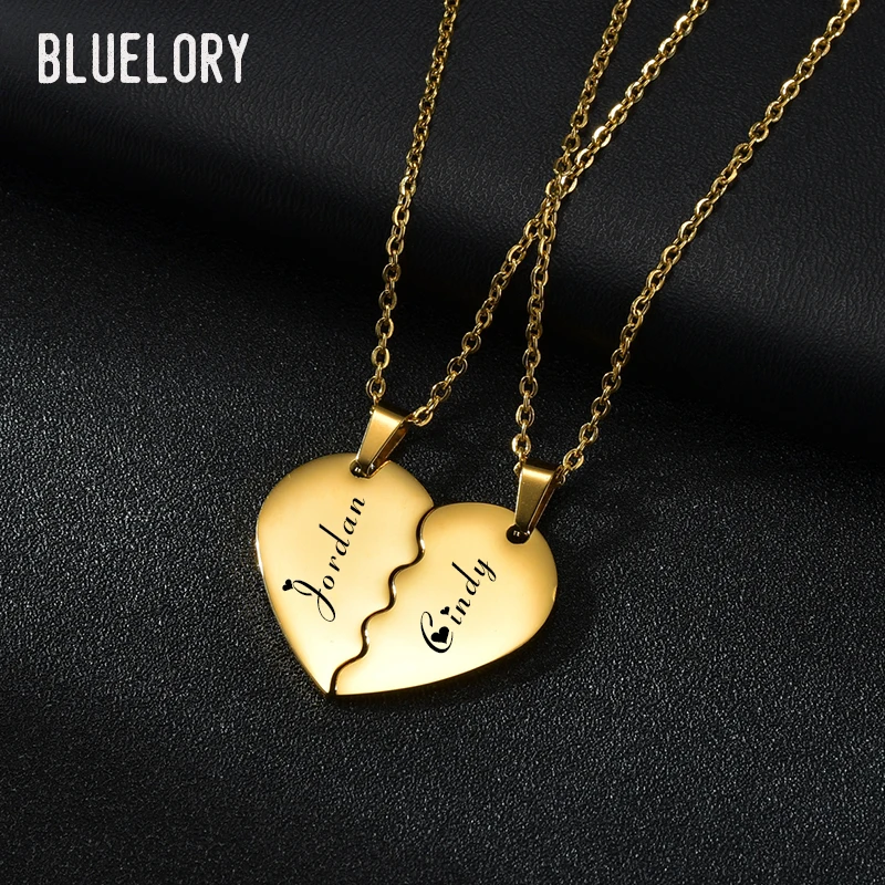 Bluelory Personalized 1 Pair Stainless Steel Hearts Couple Necklaces Custom Engrave Names Necklace For Women Men Wedding Jewelry