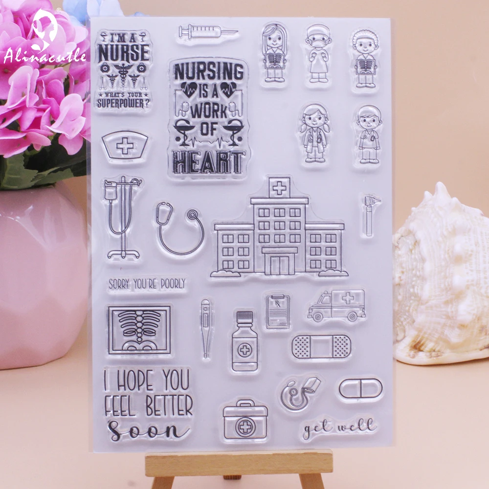 Alinacutle Clear Stamps Doctor Hospital Get Well Soon Scrapbooking Card Album Paper Craft Rubber Transparent Silicon Stamps