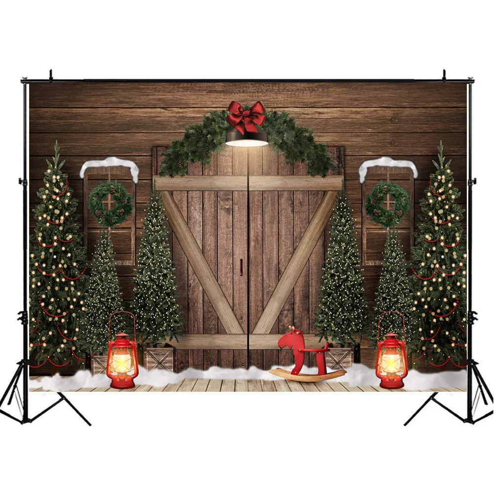 Mocsicka木製ドア壁クリスマスツリーの背景松花輪雪の子の写真の背景の小道具写真スタジオ