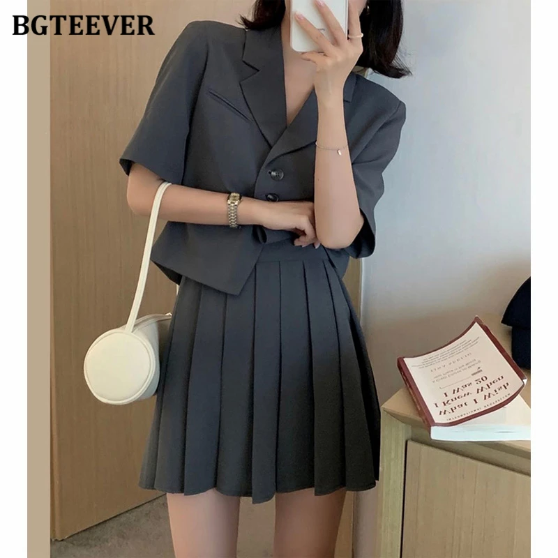 BGTEEVER Stylish Women Skirt Suits Double Breasted Jackets & High Waist A-line Mini Skirts Elegant Female 2 Pieces Blazer Set