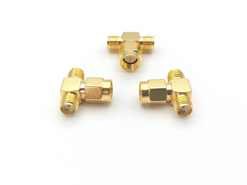 Gold RP-SMA female plug to two RP-SMA male jack T RF adapter 3 way