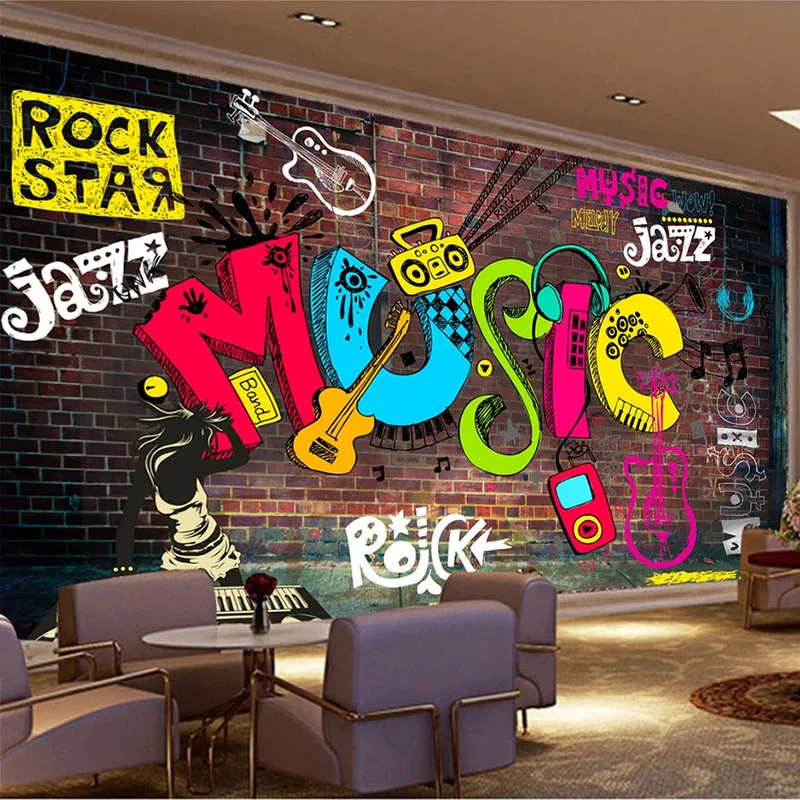 

Custom Any Size Mural Wallpaper 3D Cool Graffiti Retro Music Letters Brick Wall Fresco Restaurant KTV Bar 3D Waterproof Sticker