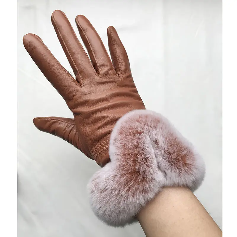 Gants d'hiver en cuir de mouton véritable pour femmes, avec manchette en fourrure de lapin Rex, gants chauds d'hiver en cuir véritable, chauffe-mains