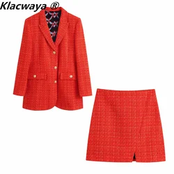 Klacwaya 2021 moda feminina conjunto de duas peças do vintage impressão forro tweed blazer casaco feminino frente fenda tweed mini saia chique terno