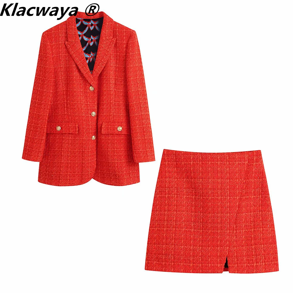 Klacwaya 2021 Women Fashion Two-Piece Set Vintage Print Lining Tweed Blazer Coat Female Front Slit Tweed Mini Skirt Chic Suit