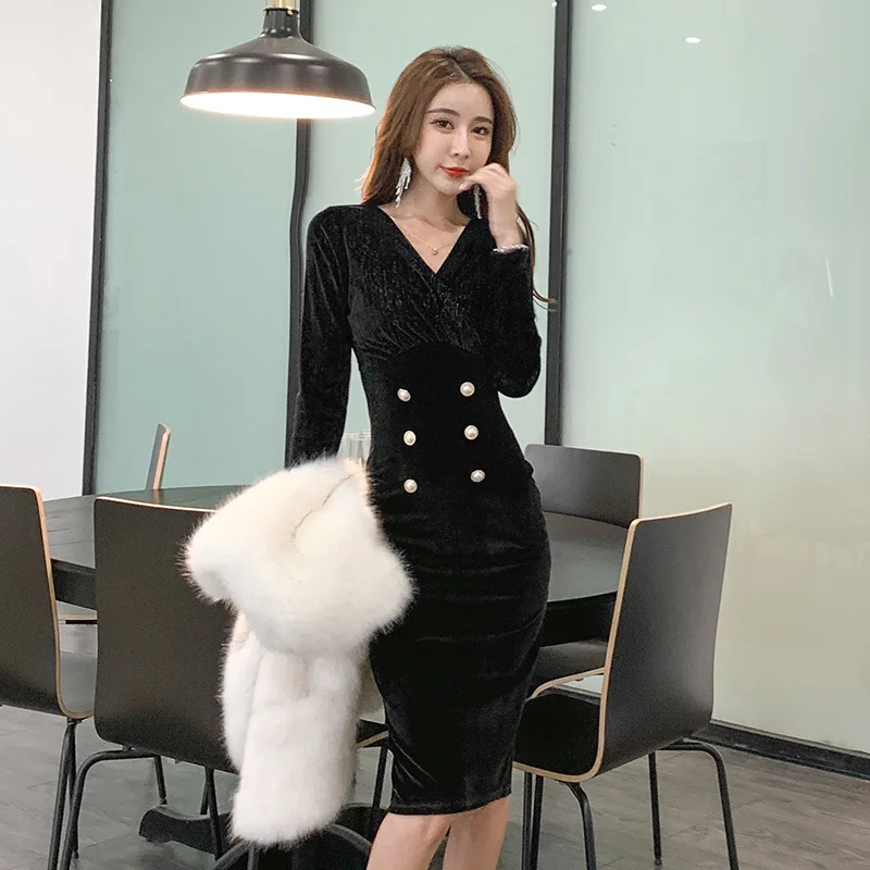 

2021 Spring Sexy Party Bodycon High End Women Dresses Vintage Patchwork Velvet Pencil Dress Long Sleeve V Neck Elegant Vestidos