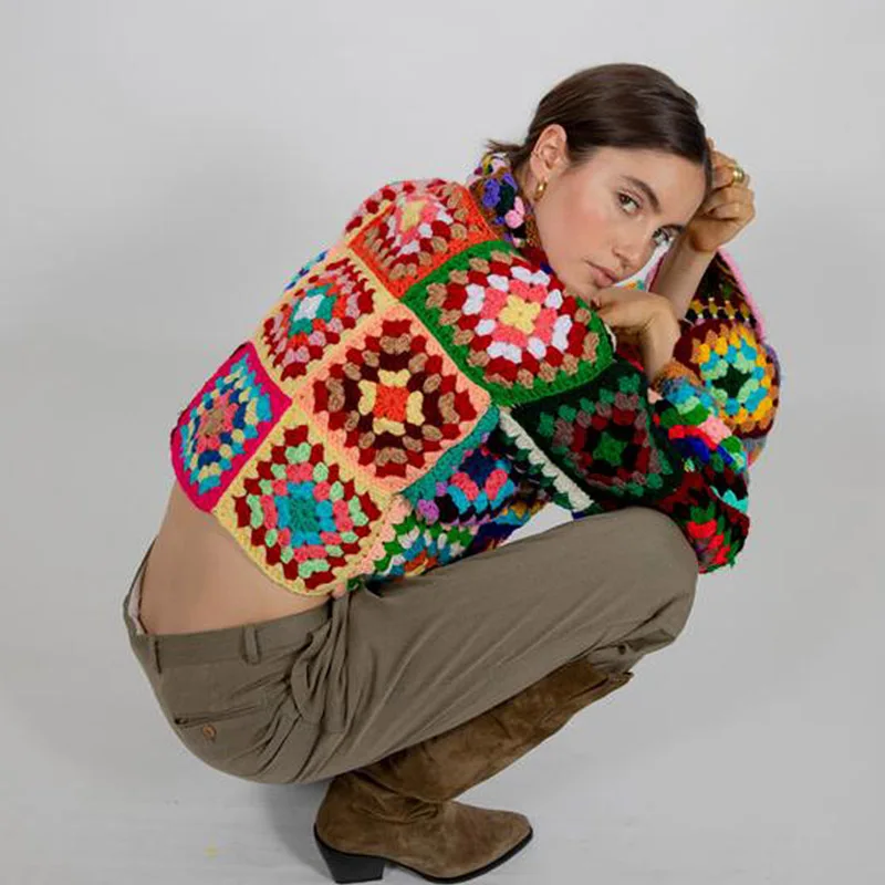 Colorful Turtleneck Crochet Sweater Boho Afghan Coat Granny Square Knitted Sweater Cute Color Checked Pullover Women Clothing