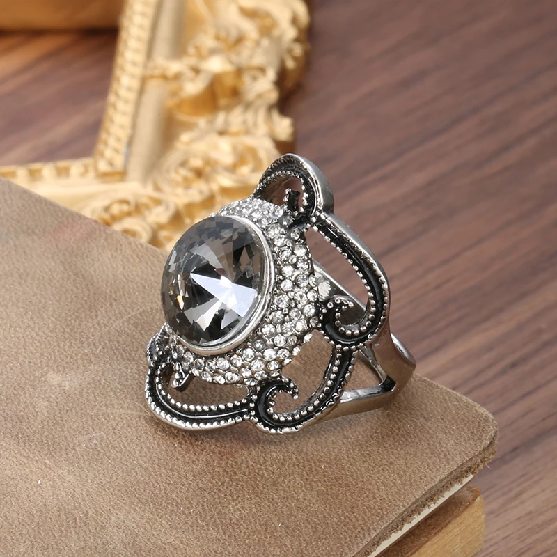 Kinel Fashion Gray Crystal Stone Flowers Female Ring Tibetan Silver Ethnic Wedding Vintage Jewelry