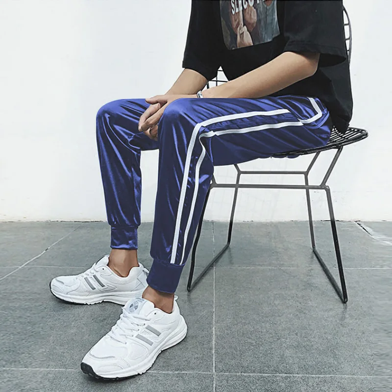 

New Mens Summer Smooth Fabric Cropped Trousers Ice Silk Casual Pants Thin Silk Stripe Male Sports Pants