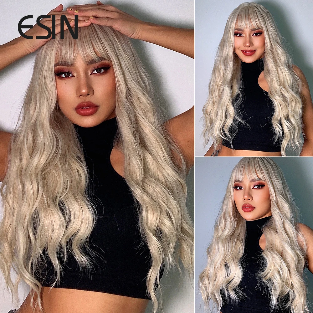 Esin Synthetic Light Blonde Ombre To Platinum Long Body Wave Hair Wigs With Bangs For Women Cosplay Natural Heat Resistant