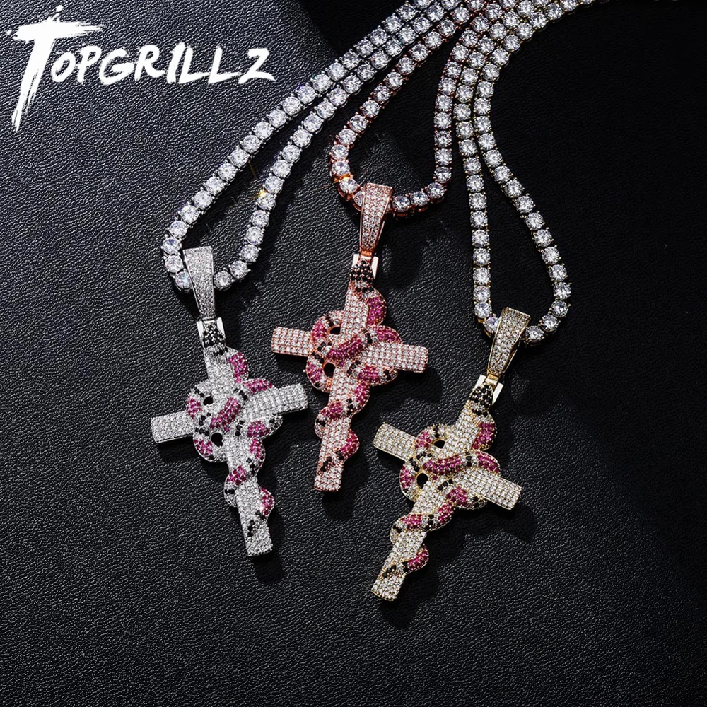 TOPGRILLZ New Snake Winding Cross Pendant Necklace Iced Out Cubic Zirconia Pendant Christmas Halloween Hip Hop Jewelry Gifts