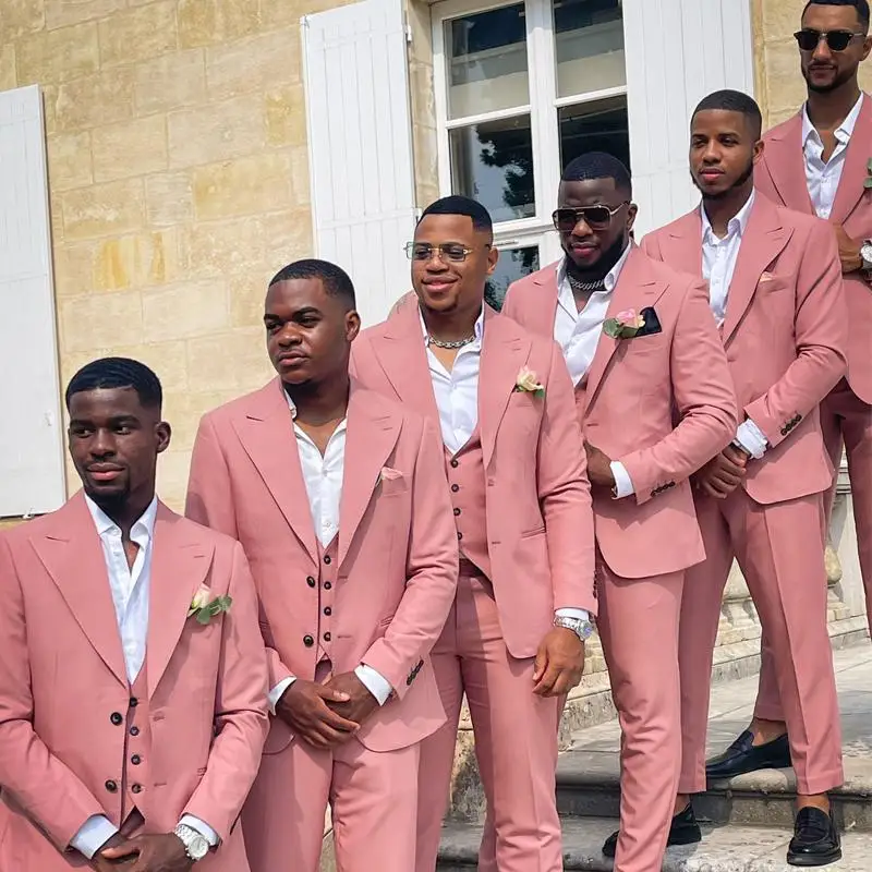 Custom Made Men Suits Rose Gold Groom Tuxedos Peak Lapel Groomsmen 3 Pieces Set ( Jacket + Pants + Vest + Bow Tie ) D411