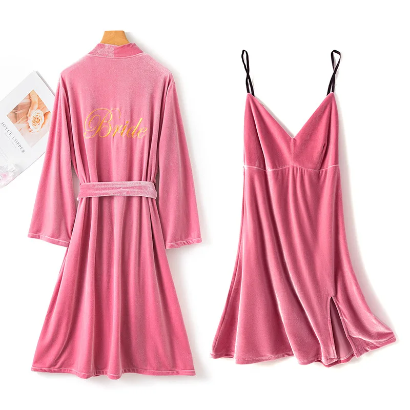 

Casual Velour Home Clothing Intimate Lingerie Bride Bridesmaid Wedding Robe Set Autumn Bathrobe Gown Burgundy Women Sleepwear