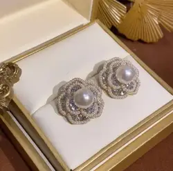 Super fairy temperament flower pearl rhinestone earrings wild personality fashion elegant women earrings