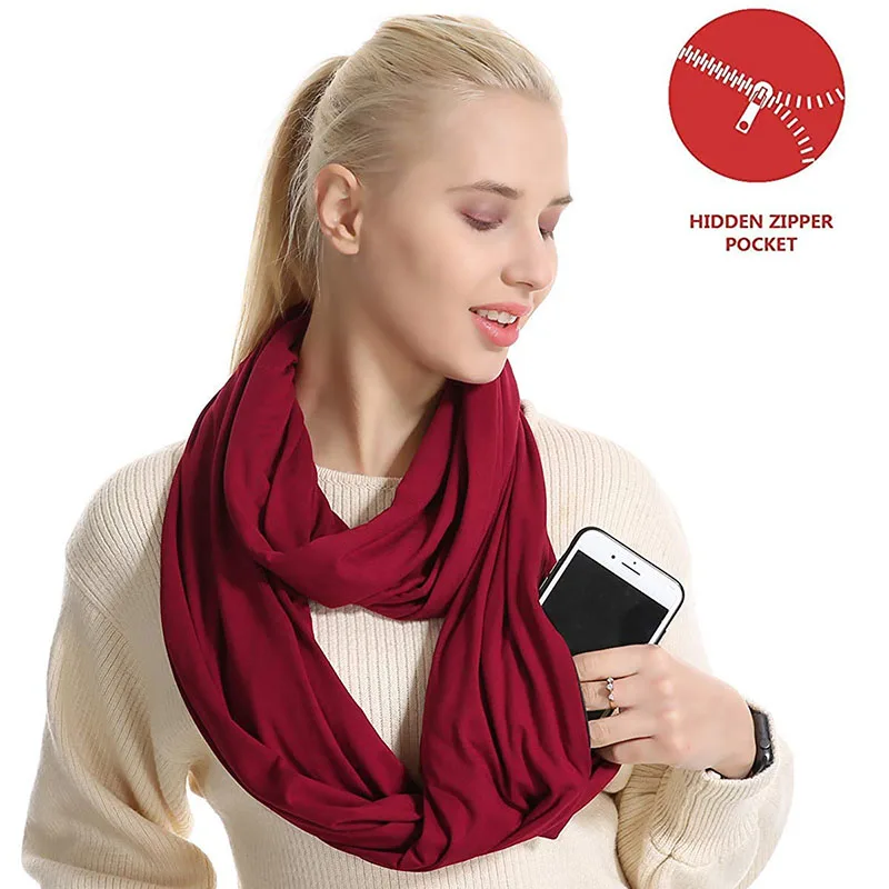 Woman Plain Color Travel Scarf New Premium Pocket Infinity Scarf Fashion Cotton Scarves Wrap with Zipper Carabiner AA10129