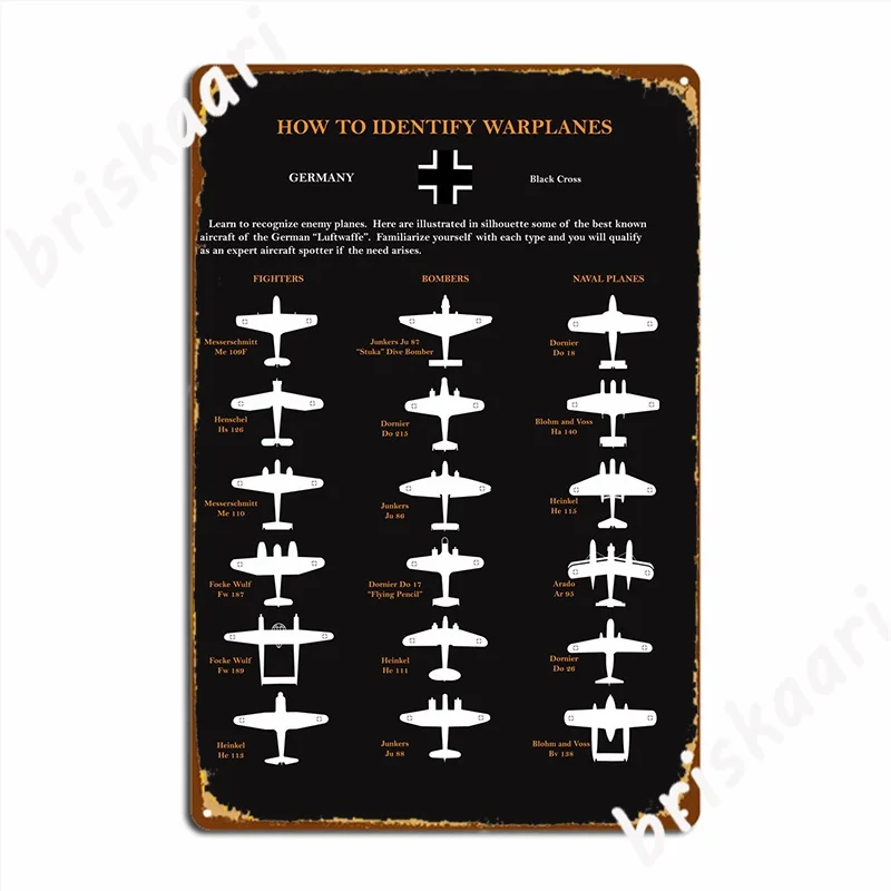 Identify Warplanes Germany Metal Sign Wall Plaque Retro Bar Cave Cinema Garage Tin Sign Posters