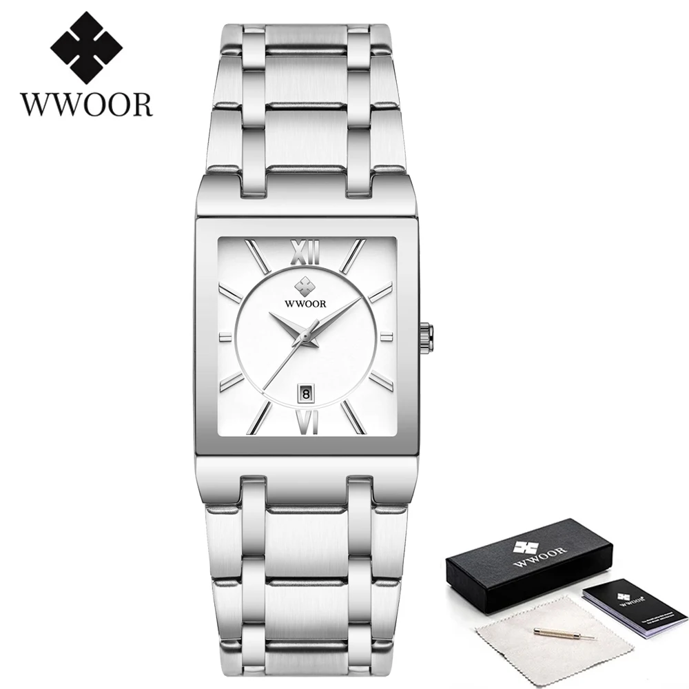 WWOOR Fashion Square White Watches Mens Top Brand Luxury Quartz Wristwatches For Men Casual Waterproof Silver Clock Reloj Hombre