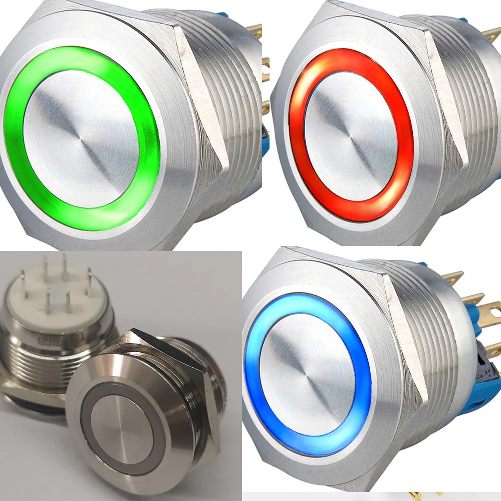 19mm 3V 6V 12V 24V Tri-color (RGB) 4-pin Automatic Reset Ring LED with Built-in Resistance 5A 250V Metal Push Button Switch