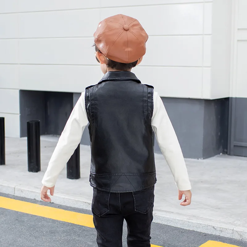 Autumn Kids Boys PU Leather Vest Pure Black Locomotive Leather Jackets for Toddler 2021 Fashion Children Girls Sleeveless Coats