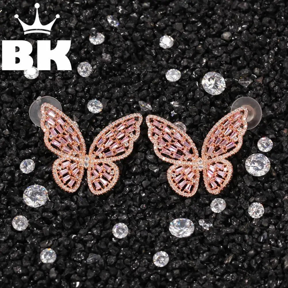 

Hip Hop Hollow-textured Butterfly Earrings Micro Paved Cubic Zircon Gold/silver color Earings Fashion Jewelry Christmas Gift