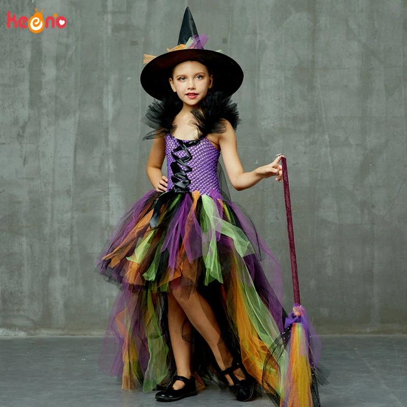 Girls Halloween Witch Tutu Dress Rainbow Trailing Tulle Kids Carnival Cosplay Party Dress Children Fancy Ball Gown Dress Costume