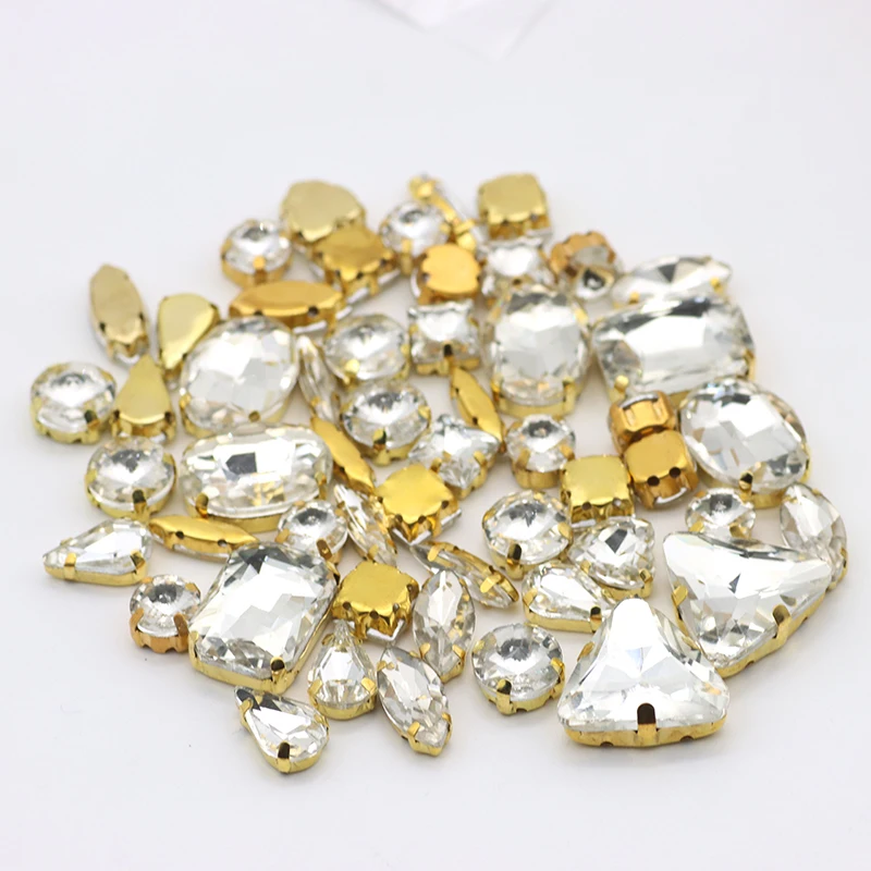 Gold Claw Setting 20pcs/bag Mix Shape clear AB Colorful Glass Crystal Sew on Rhinestone Wedding Dress Shoes DIY Decoration