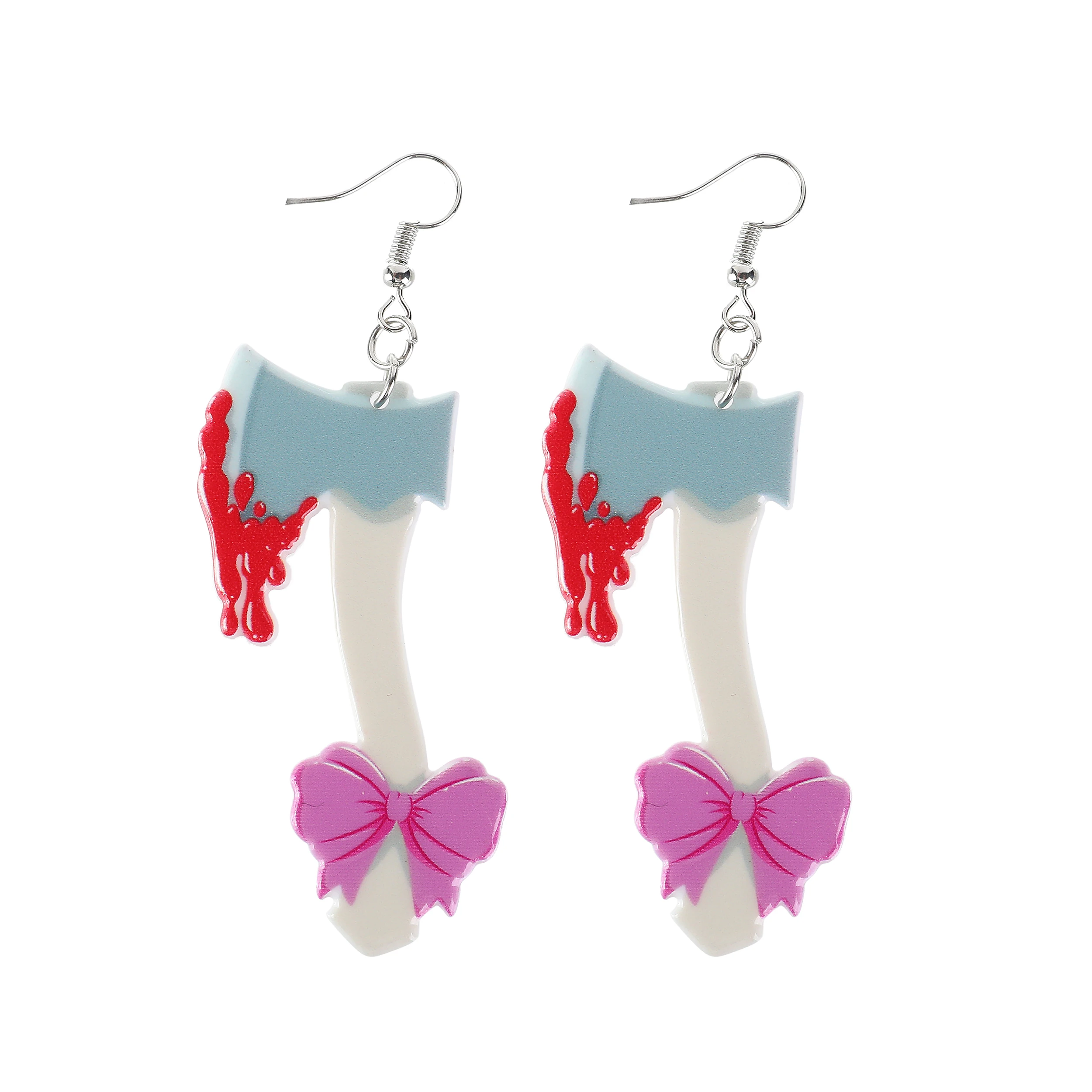 1Pair Cute Blood Knife And Axe With Bow Drop Earrings Acrylic Creepy Halloween Gifts For Women Jewelry