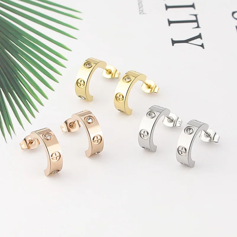 Classic Luxury Jewelry C Shape Cross Screw Stud Earring For Women And Men Titanium Steel Top Quality Love Earrings Couple Gifts