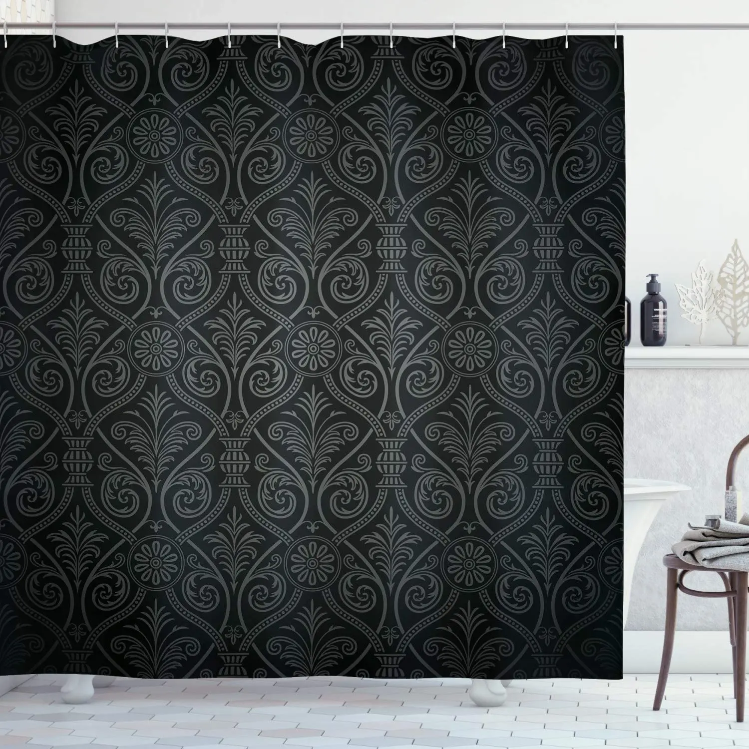 Damask Shower Curtain Antique Baroque Pattern Mild Ombre Shade Gothic Victorian Style Fabric Bathroom Decor with Hooks Dark Grey