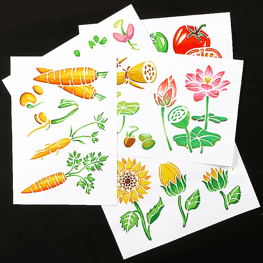 8pcs plant Jellyfish Lotus Pea Sunflower Peanut Carrot Loofash Life Cycle Montessori Educational Stencils Drawing for Kids