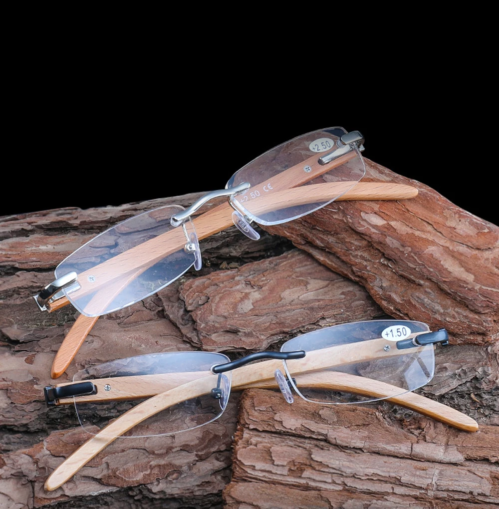 

Wood Natural Reading Glasses Women Men Rimless Ultralight Frame Simple Spring Hinges Anti Blu +1 +1.5 +2 +2.5 +3 +3.5 +4