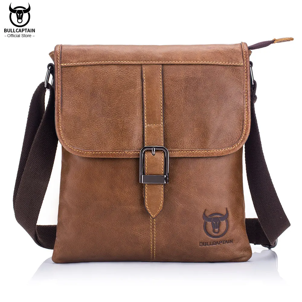 BULLCAPTAIN-Bolso de hombro de cuero para hombre, bolsa plana pequeña, informal, para deportes al aire libre, capa de cabeza suave, tendencia de