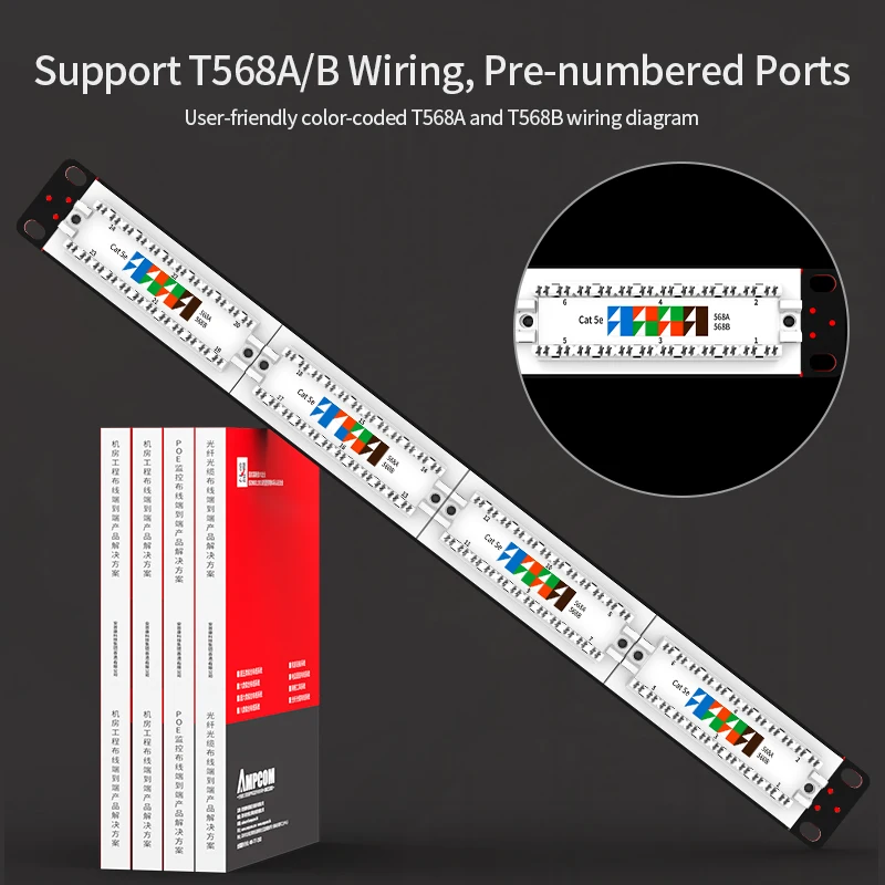 AMPCOM (omologato UL) Premium Series CAT5e/6 24/48 porte keystone Patch Panel, montaggio su Rack-1/2U, 19 pollici, 568A/B, 50u Gold Pla