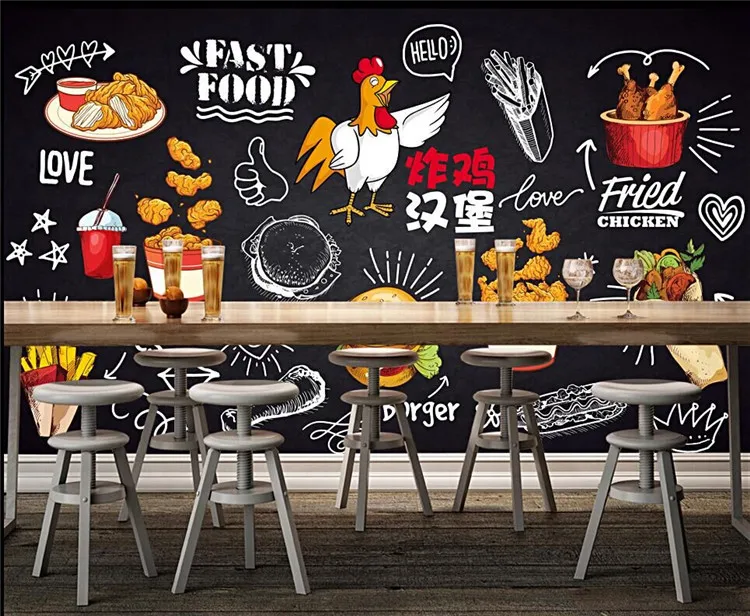 

Blackboard hand drawn fried chicken burger catering gourmet fast food fries background wall professional production wallpaper mu