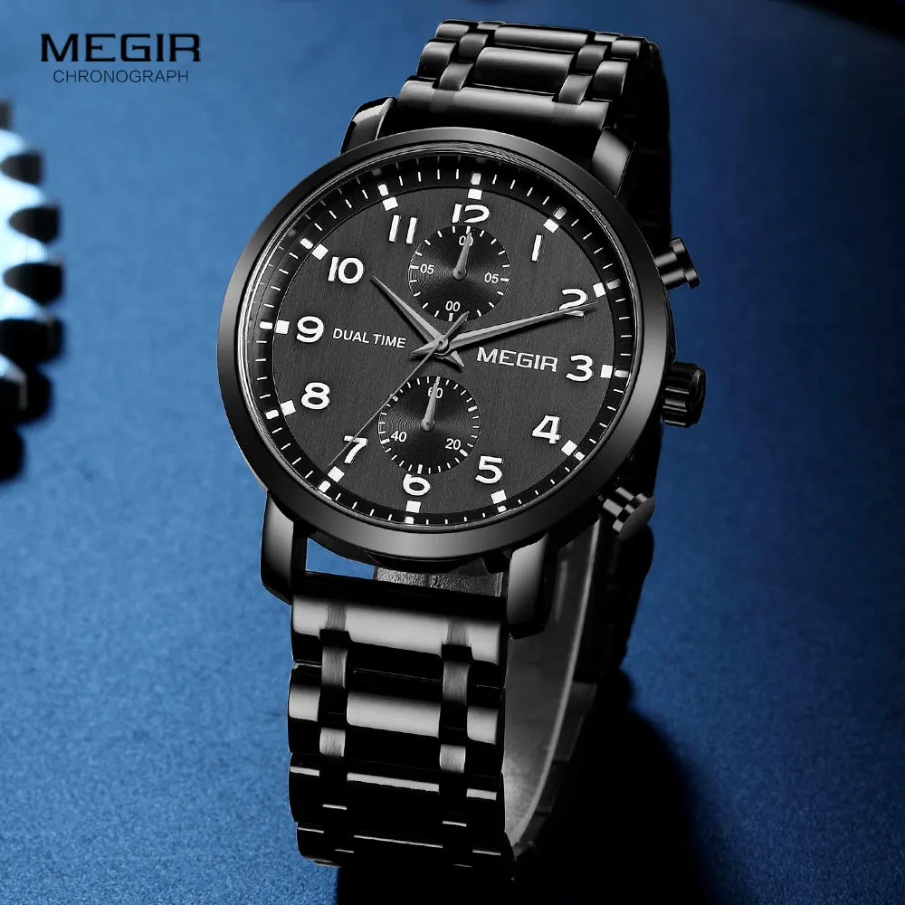 MEGIR Men Watches Fashion Chronograph Business Wrist Watch for Man Stainless Steel Waterproof Quartz Watch Leather Strap Relogio