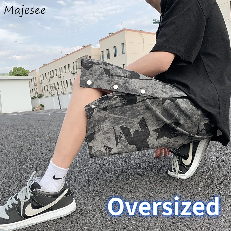 Camouflage Shorts Men Hip-pop Wide Leg Baggy Side Buttons Fashion Knee Length Trouser Male Street Casual Fitness Outwear M-3XL