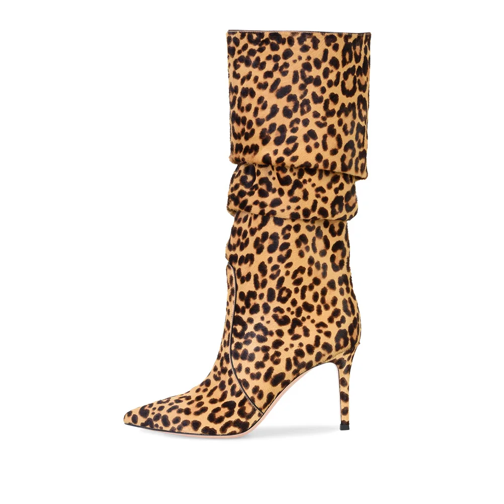 

Fashion Female Spring Autumn Sexy Leopard Print Boots Stiletto Heel Pointed Toe Slip On Boots Manufacturers Supply