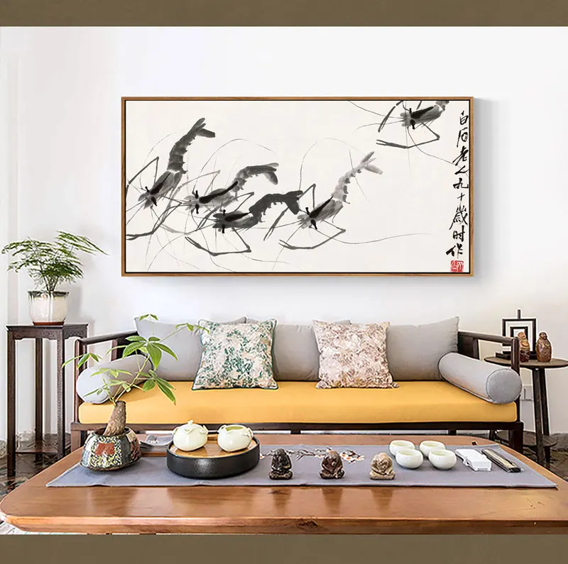 Chinese style canvas painting ink art combination decorative painting Chinese painter Qi Baishi large-scale vertical art mural