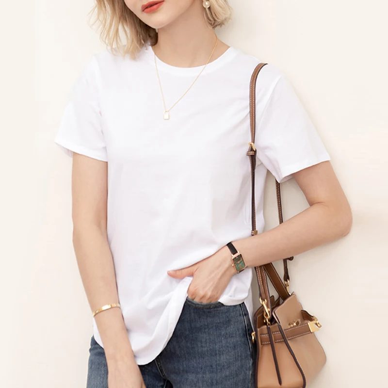 100% cotton Loose Casual Summer Short Sleeve Female T shirt Women Asymmetric O-neck Tee Tops M30326