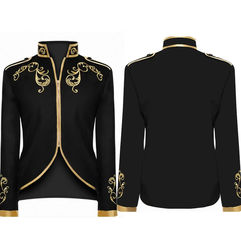 Vintage Men\'s Medieval Jacket Coat Embroidery Zip Up Stand Collar Prince King Cosplay Costume Victorian Golden Jacket Top