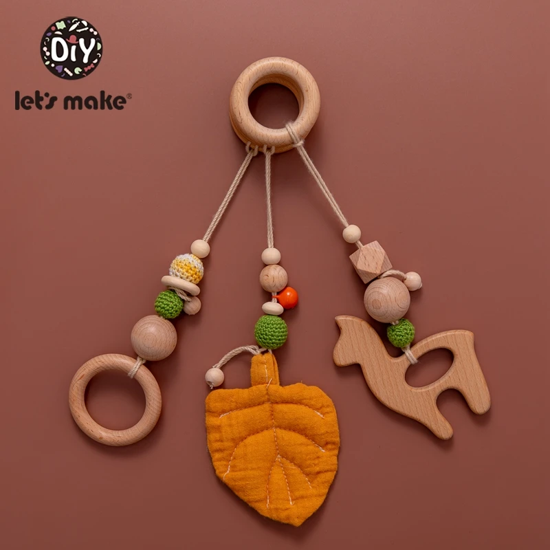 Let'S Make 3pcs/set  Hanging Baby Teether Play Gym Toys Crochet Wooden Ring Teething Beech Moon Toys For Kids