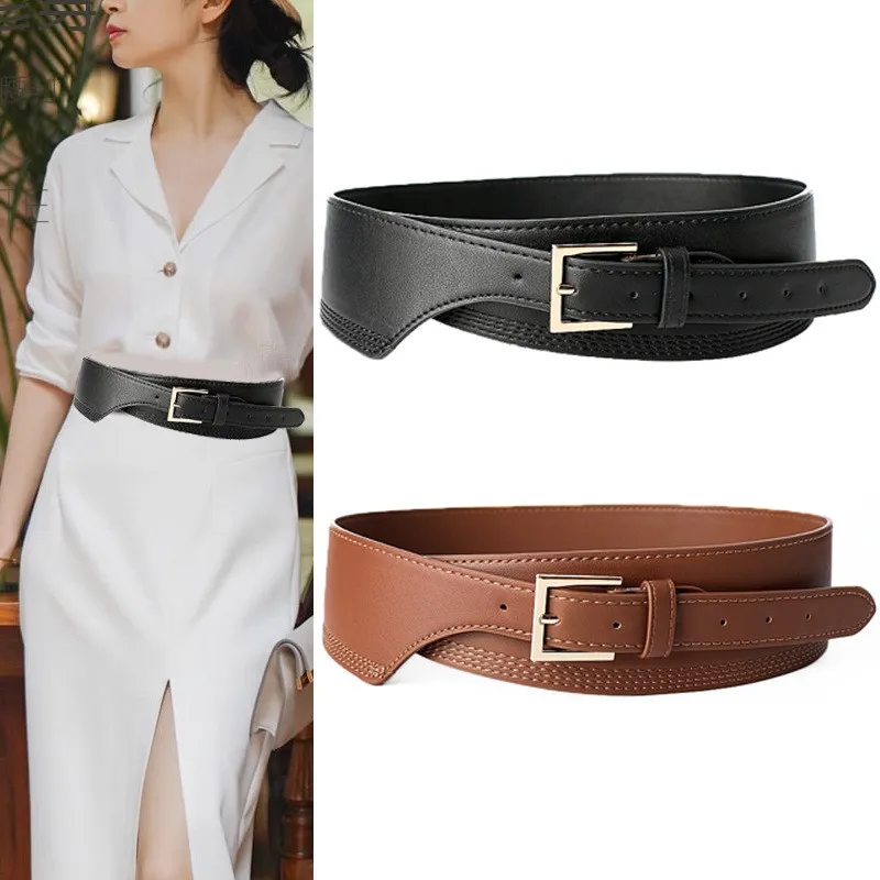 2021 New Design Luxury Ladies Wide Belt Elastic Vintage Buckle Leather Fashion Wild Pin Seal Women Waist Tie-in dress 70-80CM