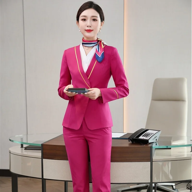 

Novelty Fashion Red Formal Women Business Suits With Tops and Pants Ladies Office Work Wear Professional OL Styles Blazers Sets