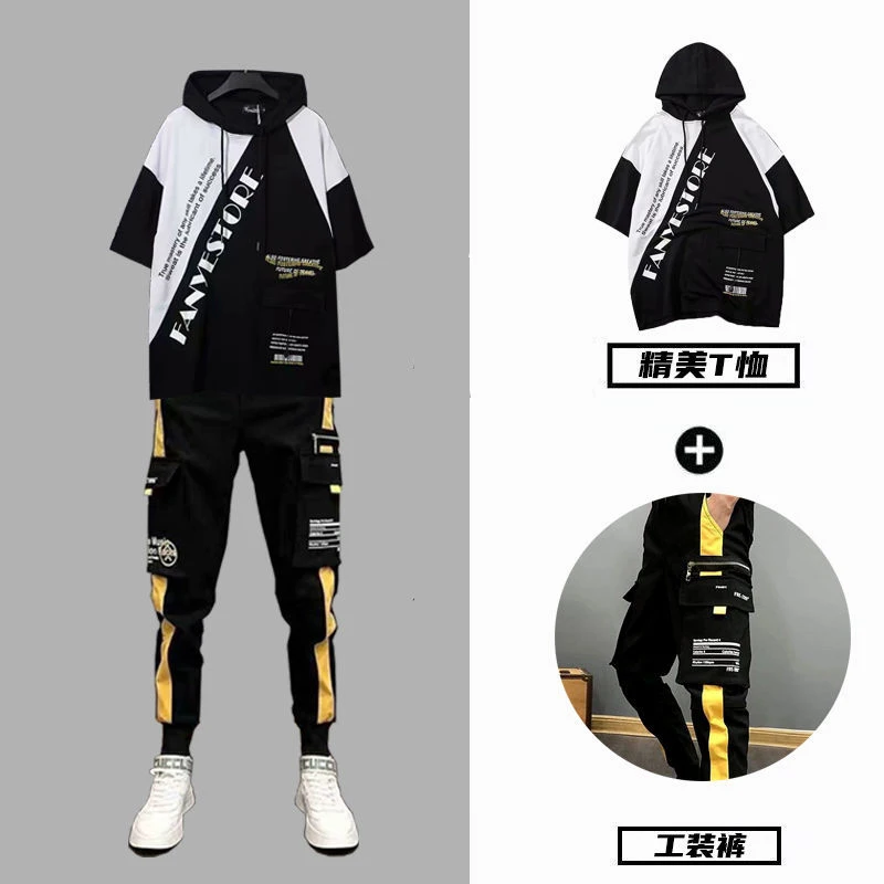 Set Pria Musim Panas Mode Korea Streetwear Set JOGGER Pria Pakaian Olahraga Bertudung Kasual + Celana Panjang Pinggang Elastis Pakaian Pria Set 2 Potong